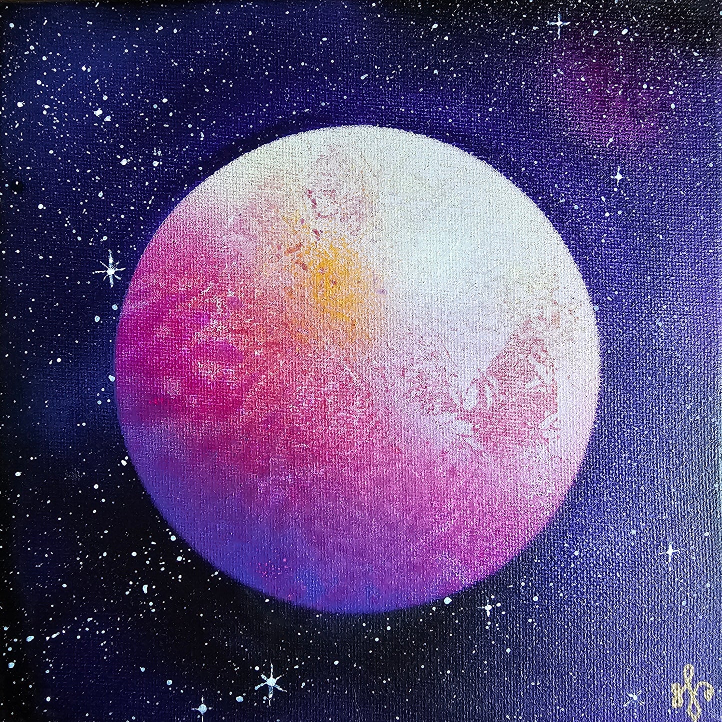 Original Mother Moon painting featuring feminine lunar symbolism with starry night background and pink and purple colours