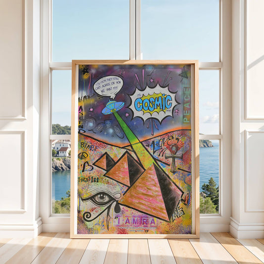 Large statement canvas titled “Disclosure” featuring the Great Pyramid of Giza as the central focus, rendered in a bold pop and street art style with comic-strip inspired text. The artwork explores ancient astronaut theories versus traditional archaeology through humour, vibrant colours, and graphic text elements, creating a striking and thought-provoking contemporary piece.